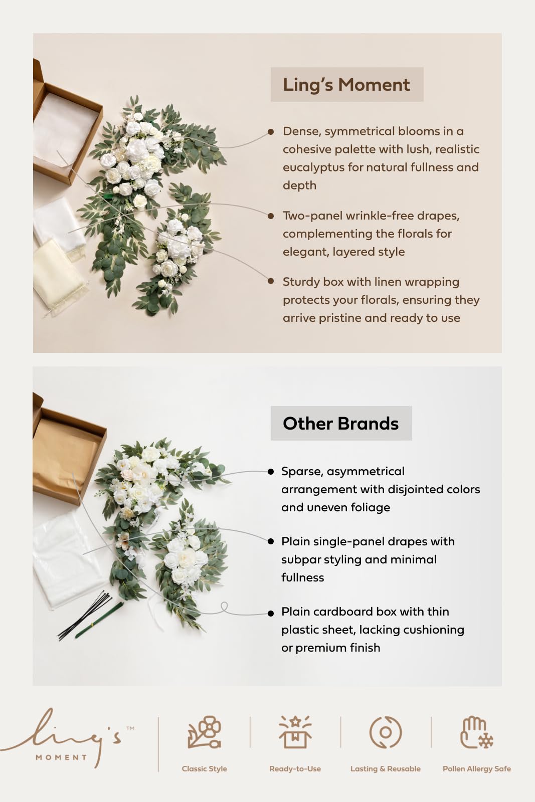 Ling's moment Artificial Wedding Arch Flowers Kit Pack of 4, 2pcs Hanging Silk Flowers Arrangement 2pcs Chiffon Drapes Ceremony Spring Fake Rose Arbor Backdrop White Sage Floral Party Outdoor Decor
