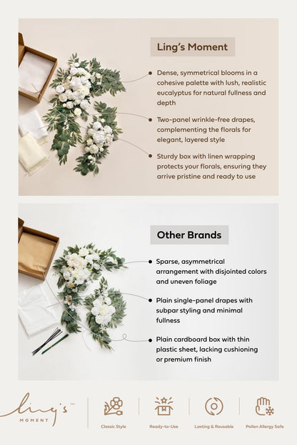 Ling's moment Artificial Wedding Arch Flowers Kit Pack of 4, 2pcs Hanging Silk Flowers Arrangement 2pcs Chiffon Drapes Ceremony Spring Fake Rose Arbor Backdrop White Sage Floral Party Outdoor Decor