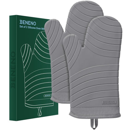 Beneno BPA-Free Silicone Oven Mitt 2-Pack Set, Heat Resistant 500°F Oven Mitts with Non-Slip Grip, Soft Thicker Lining, 7"x13", Gray