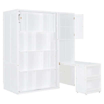 DNYN Rotating Murphy Bed with Top Cabinet and Extendable Desk for Guest/Study Room, Space-Saving Twin Size Wood Foldable Wall Bed Frame with Side Storage Shelf and Bookshelf, No Box Spring Needed