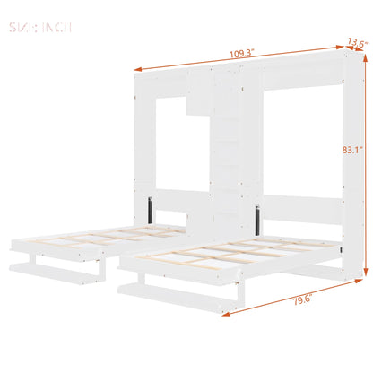 Merax Dual Twin Murphy Bed with Cabinets and Shelves, Space Saving Wall Bed with Storage, Foldable Twin Beds with Convertible Shelf Legs for Guest Room, Small Space, White