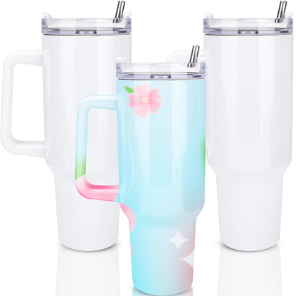 Fallhork 3 Pack 40 oz Sublimation Tumblers with Handle and Straw Lid Stainless Steel Blanks White Large Tumblers Coffee Cup for DIY Craft Heat Press Print