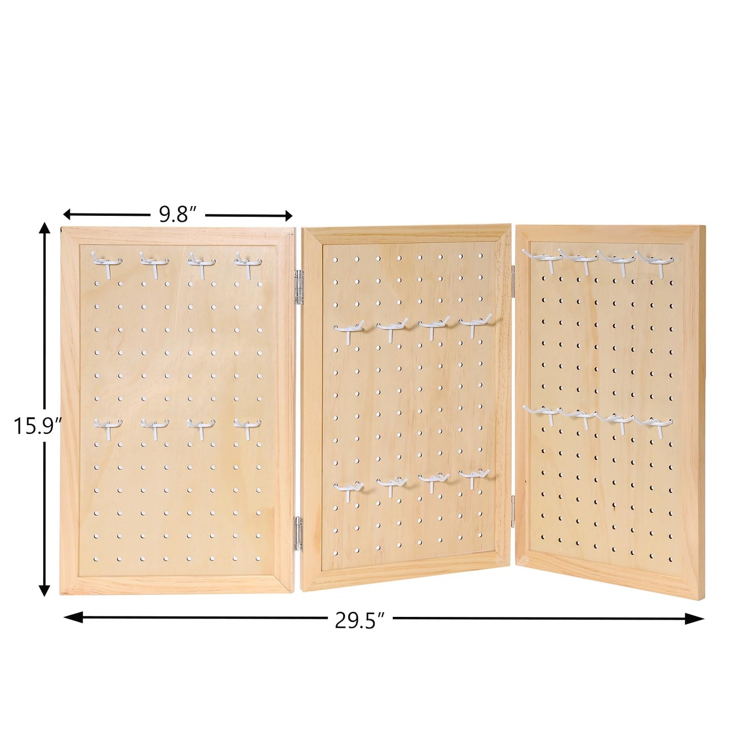 humberboat Wooden Foldable and Portable 3-Panel Pegboard Jewelry Display Organizer with 24 Removable White Metal Hooks for Bracelets, Earrings and Keychains, Versatile Countertop Rack for Store