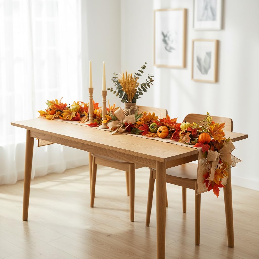 HipTree 6FT Fall Garland with Maple Leaves Pumpkins Burlap Bows Berries, Autumn Harvest Garland for Mantle Fireplace Table Centerpiece, Thanksgiving Home Indoor Outdoor Decor,Fall Decorations for Home