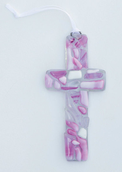First Communion Gift for Girl, Handmade in USA Pink Mosaic Glass Cross with Sentiment