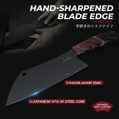 DRGSKL Meat Cleaver Knife 8inch - Black Butcher Knife for Meat Cutting, Japanese High Carbon Steel Vegetable Cleaver for Chopping, Kitchen Cooking Knife with Wooden Handle, Gift for Men