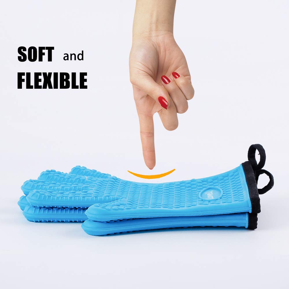Loveuing Kitchen Oven Gloves - Dual-Layer Heat Resistant Grilling Gloves, Silicone Oven Mitts with 5 Fingers, Waterproof Non-Slip Pot Holder for Barbecue, Cooking, Baking (Blue)