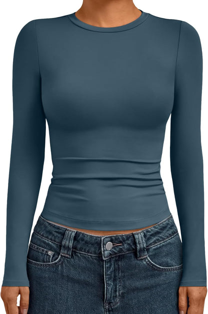 AUTOMET Womens Long Sleeve Shirts Basic Compression Going Out Crop Tops Fall Fashion Y2K Clothes 2025
