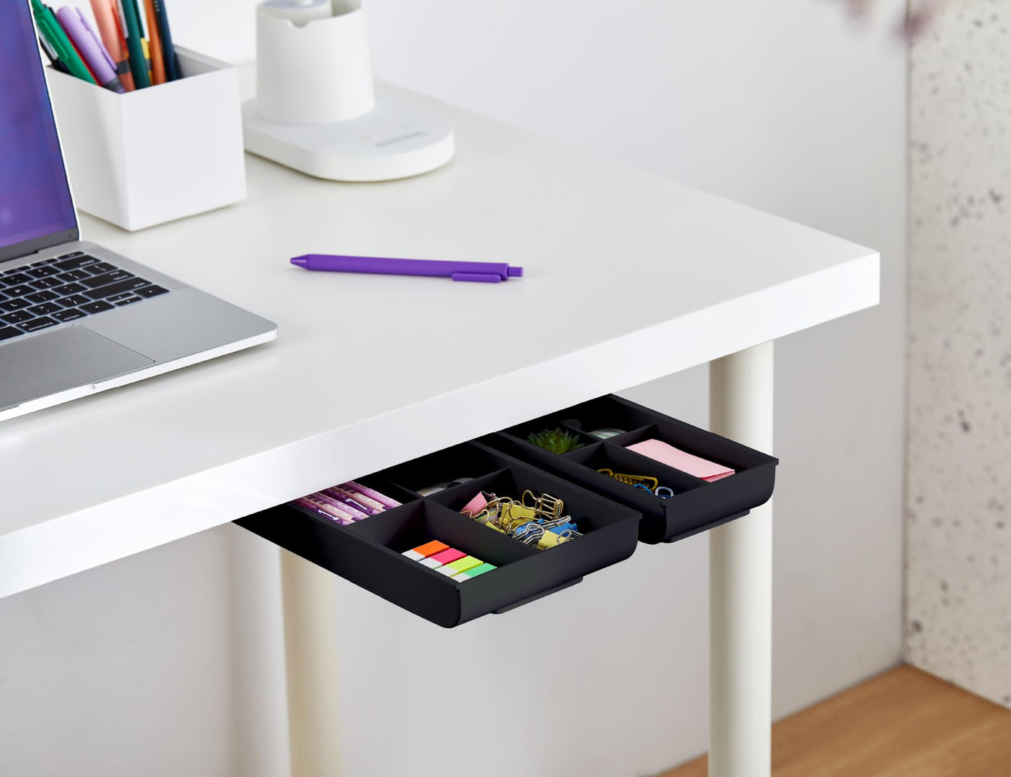 Bostitch Konnect Under Desk Drawer, Self-Adhesive Slide Out Storage Organizer with 4 Customizable Dividers, 2-Pack