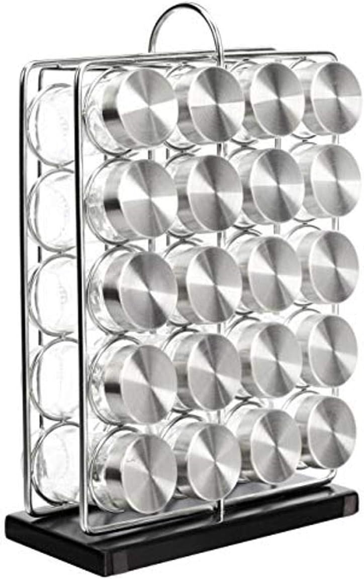 20 Amazon Basics Jars Spice Rack Organizer, Space-Saving Kitchen Organizer with Glass Spice Jars, Sturdy, Silver