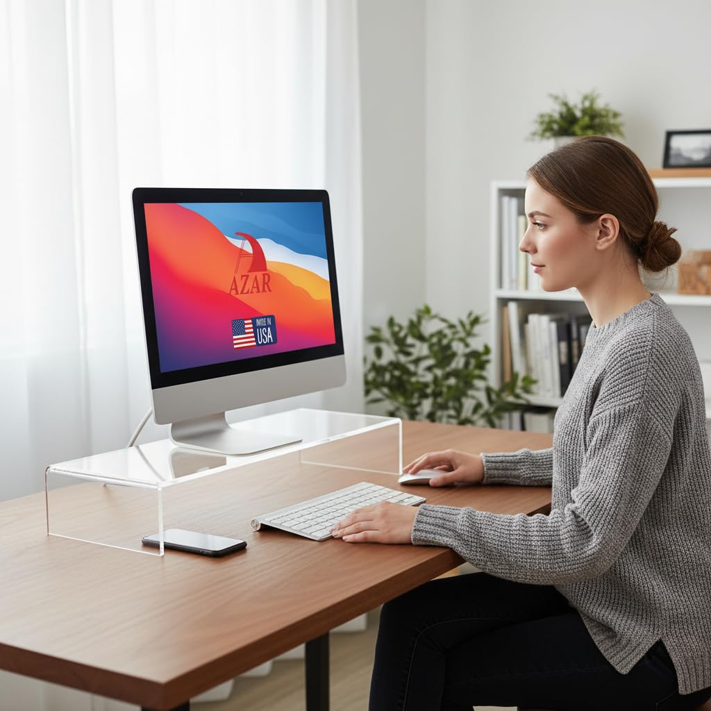 Azar 515360 Acrylic Monitor Stand Riser – Made in USA Laptop stand and Monitor Riser Acrylic Monitor Stand Riser Clear Laptop Stand for Desk Ergonomic Display Riser, Clear (21-Inch-Luxury Handcrafted)