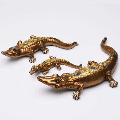 BRASSTAR Three Crocodile Statue, Resin Golden Royal Alligator Family Figurine, Home Office Art Decoration