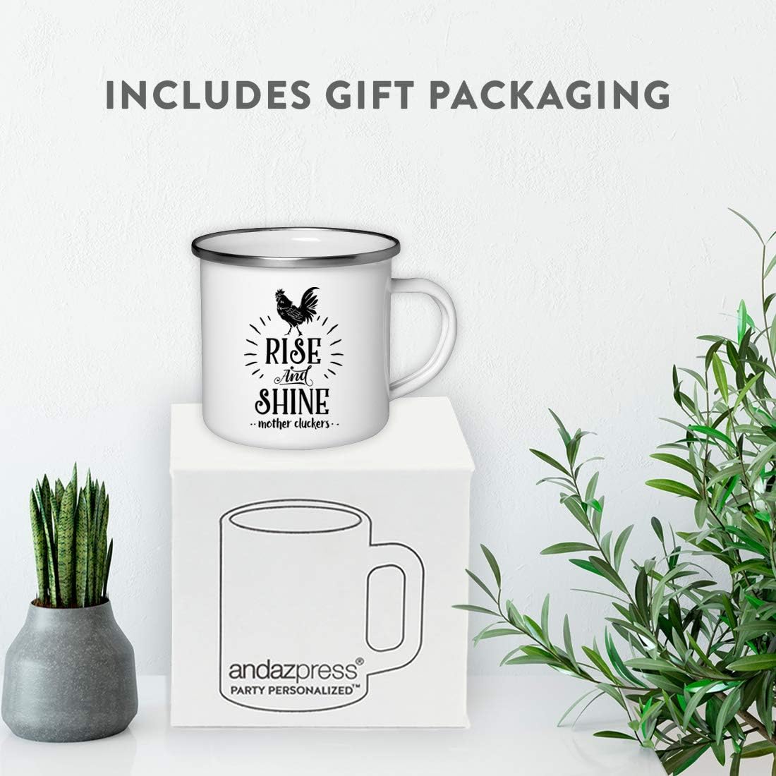 Andaz Press 11oz. Stainless Steel Hot Chocolate Campfire Coffee Mug, Rise And Shine Mother Cluckers, 1-Pack, Chicken