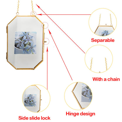 Voittozege 6 Pcs Double Glass Frame for Pressed Flowers, 6 Different Golden Hanging Glass Picture Frames with Chain Gold Floating Frames Artwork Display for Gallery Wall Decor Dried Plant Leaf