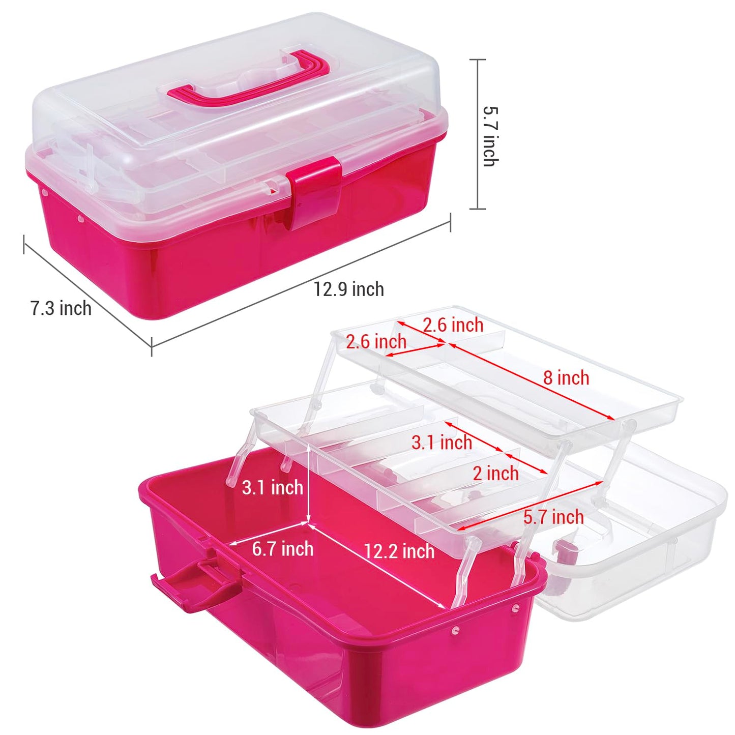 MyGift 13-Inch Dark Pink Plastic Craft Organizer and Storage Box – Clear Carrying Case with Latching Lid & 2 Expandable Trays for Sewing, Tools, First Aid, and Art Supplies