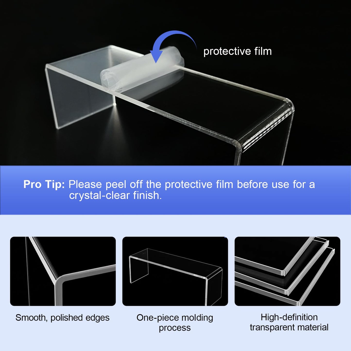 OVNTHYK Acrylic Risers 8 Pcs – Clear Rectangular Display for Perfume Organizer, Figures, Jewelry, Dessert Table & Cupcake, 4 Sizes (7", 8", 9")