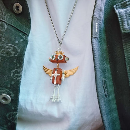 DEUXPER Unique Cross Necklace DIY Set - Wooden Steampunk Robot Charms Pendants, Keychain Decor, Cute Bag Chain, Gold Silver Jewelry Gifts Craft Project for Women Men