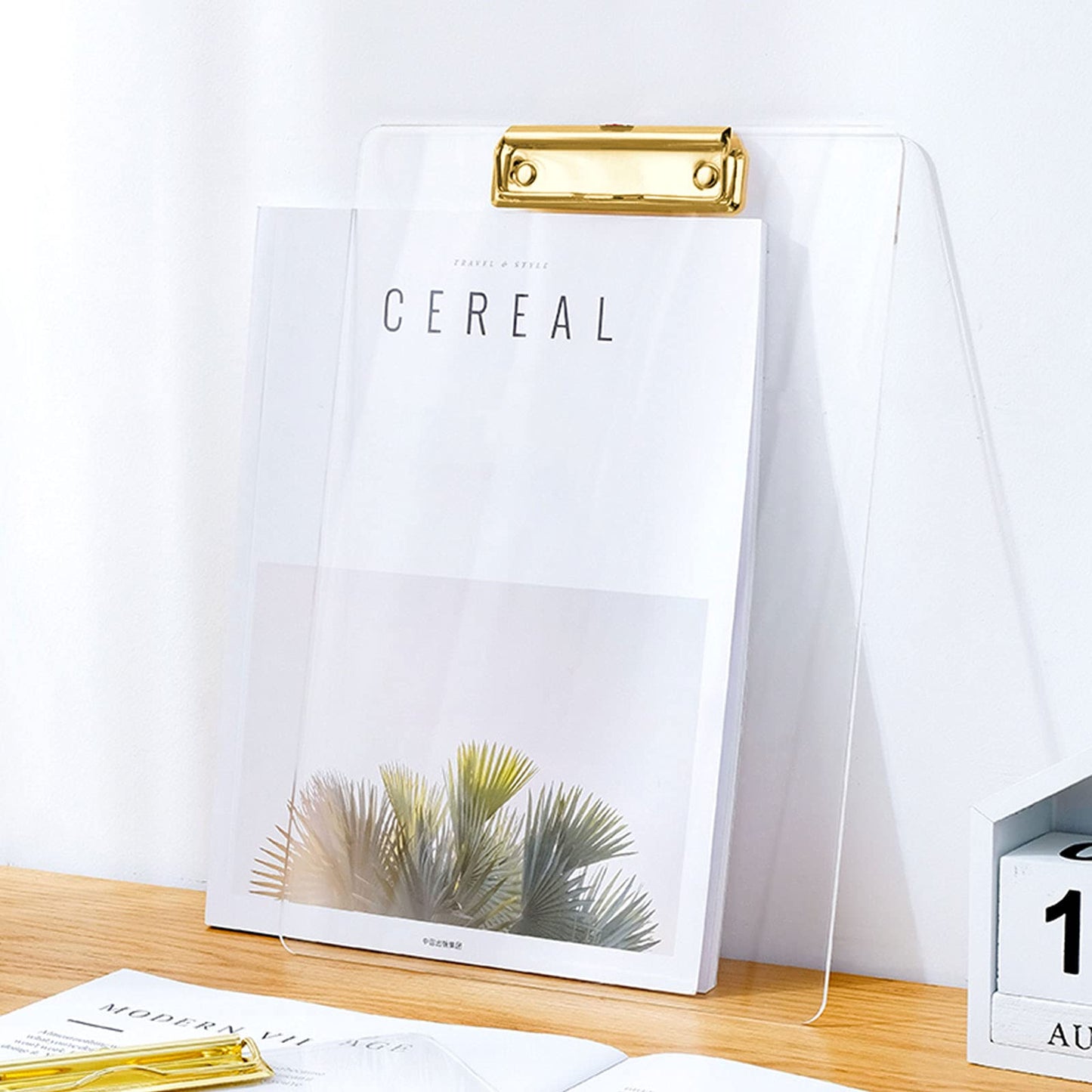 Moocci Thick Acrylic Clear Clipboards Cute Transparent Bulk Gold Clipboard with Strong Clip and Hidden Hanging Hole for A4 Paper, Art Student, Drawing, Office, School, Warehouse, Classroom, 9PC