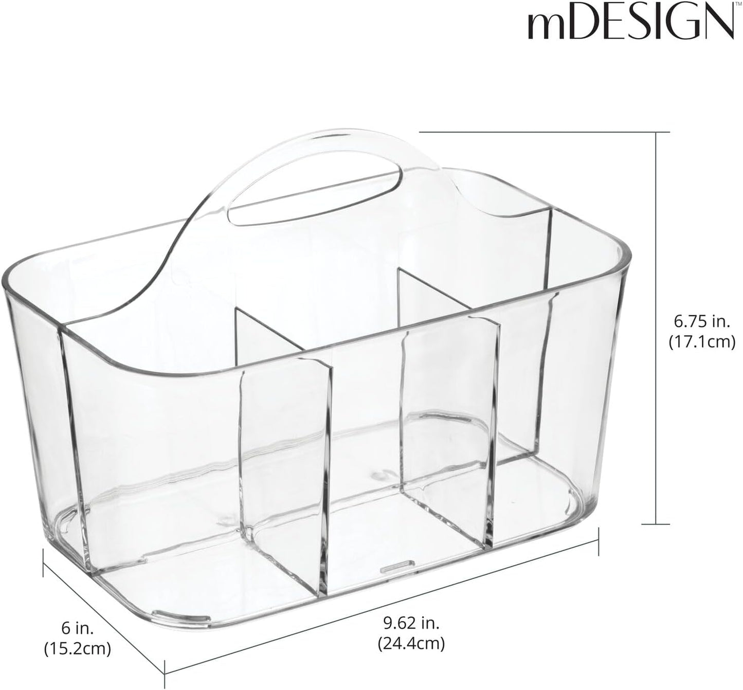 mDesign Clear Plastic Cutlery Storage Organizer Caddy Bin Tote with Handle - Divided Pantry Basket for Forks, Knives,
