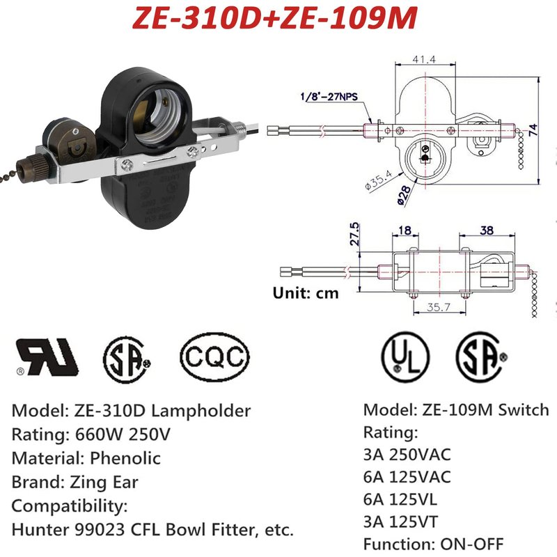 Ceiling Fan Switch ZE-310D Light Socket Pull Chain Switch, Compatible with Hunter Fan, Ceiling Fan Lamp Light, Lamp Holder E95014-Bronze Chain