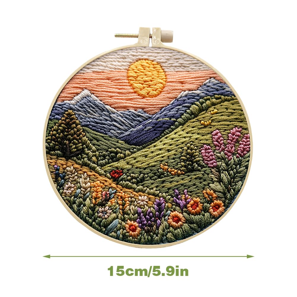 Eforcase Embroidery Starter Kit for Adult Beginner with Landscape Tree Mountain River Floral Nature Scenery Pattern Cross Stitch Hand Embroidery Set DIY Cross Stitch Kits with Hoops Needles Threads
