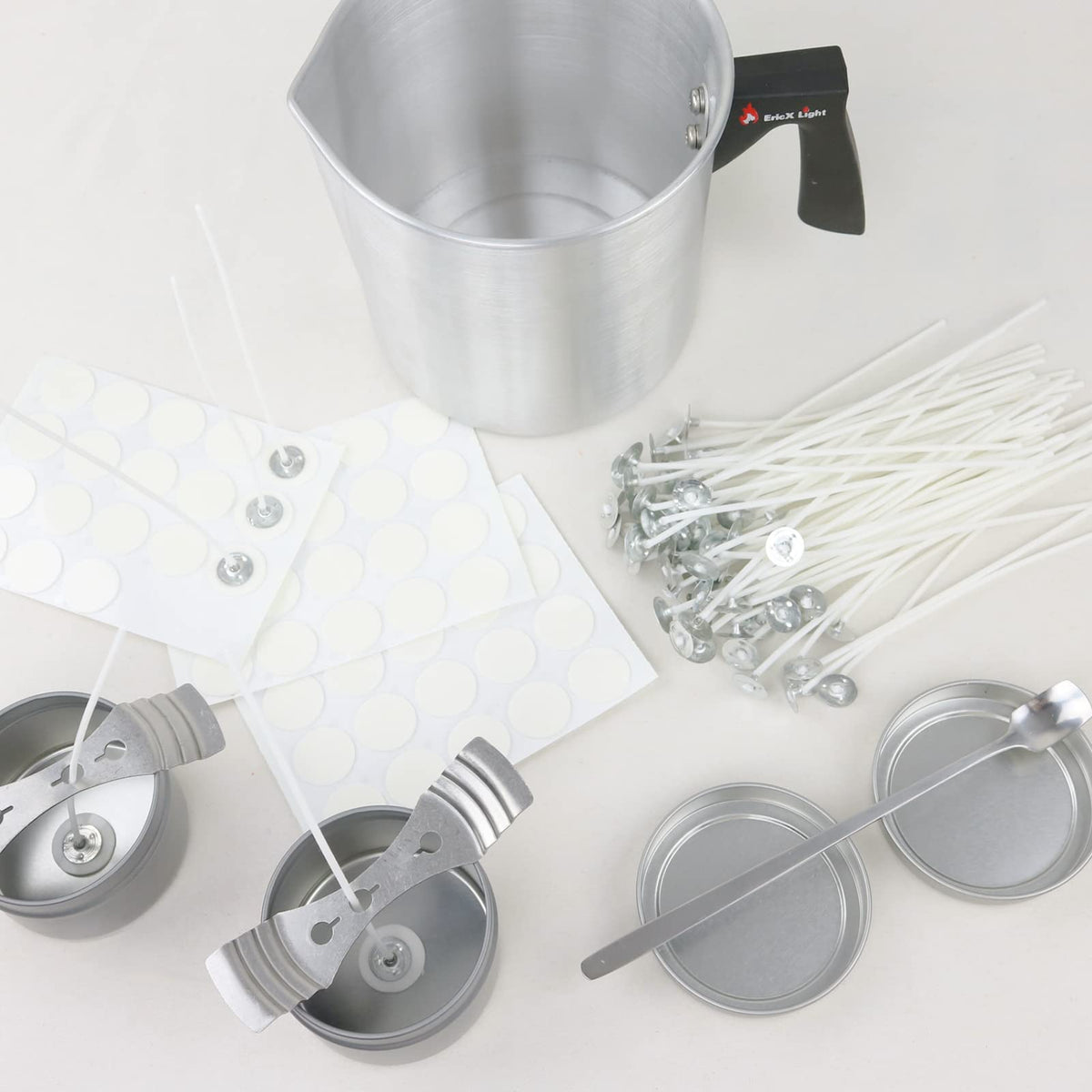 EricX Light Candle Making Kit, 60pcs Candle Wicks, 60pcs Candle Wicks Sticker, 1pc Candle Wax Pouring Pot, 2pcs 3-Hole Wicks Centering Devices, 1pc Mixing Spoon, DIY Candles Craft Tools