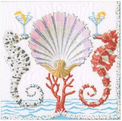 Caspari Seahorses and Shell Paper Cocktail Napkins - Two Packs of 20