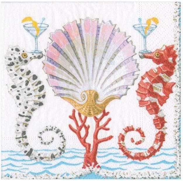 Caspari Seahorses and Shell Paper Cocktail Napkins - Four Packs of 20