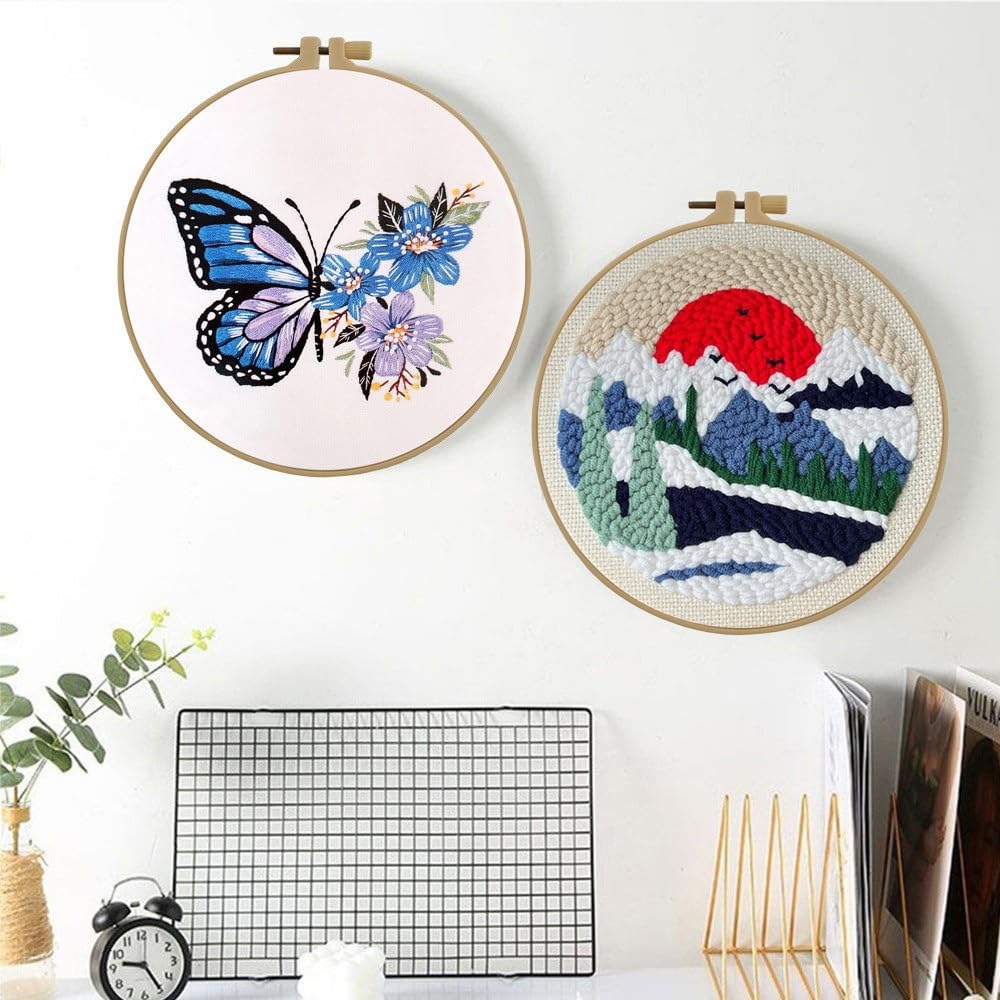 Esffaci Punch Needle Kit for Adults Beginner Starter Punch Embroidery Kit with Red Sunrise Snow Mountain Tree Scenery Pattern DIY Punch Stitch Supplies with Stamped Fabric Yarn Hoop Tool Instruction