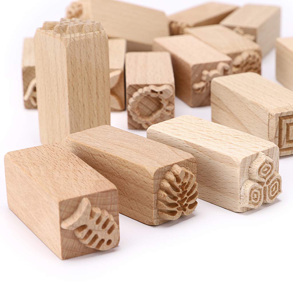 OwnMy Set of 16 Clay Modeling Pattern Stamp Kit, Wooden Clay Pottery Stamps Pottery Tool Wood Block Stamp, Clay Rolling Pin Textured Hand Roller Wooden Handle Pottery Tools Set