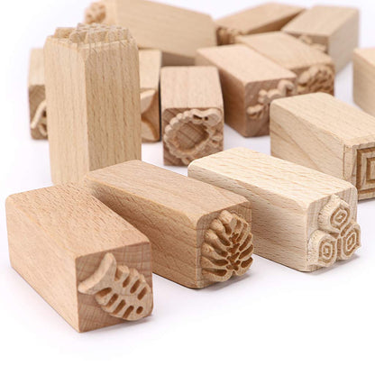 OwnMy Set of 16 Clay Modeling Pattern Stamp Kit, Wooden Clay Pottery Stamps Pottery Tool Wood Block Stamp, Clay Rolling Pin Textured Hand Roller Wooden Handle Pottery Tools Set