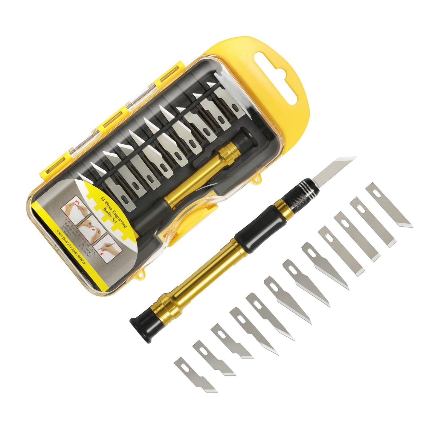 Multifunctional Precision Hobby Knife Set (14pcs) - Craft Knife, Exacto Knife Set for Artwork, Scrapbooking, Stenciling, Architecture Modeling, Woodworking & Leatherworking (Yellow)