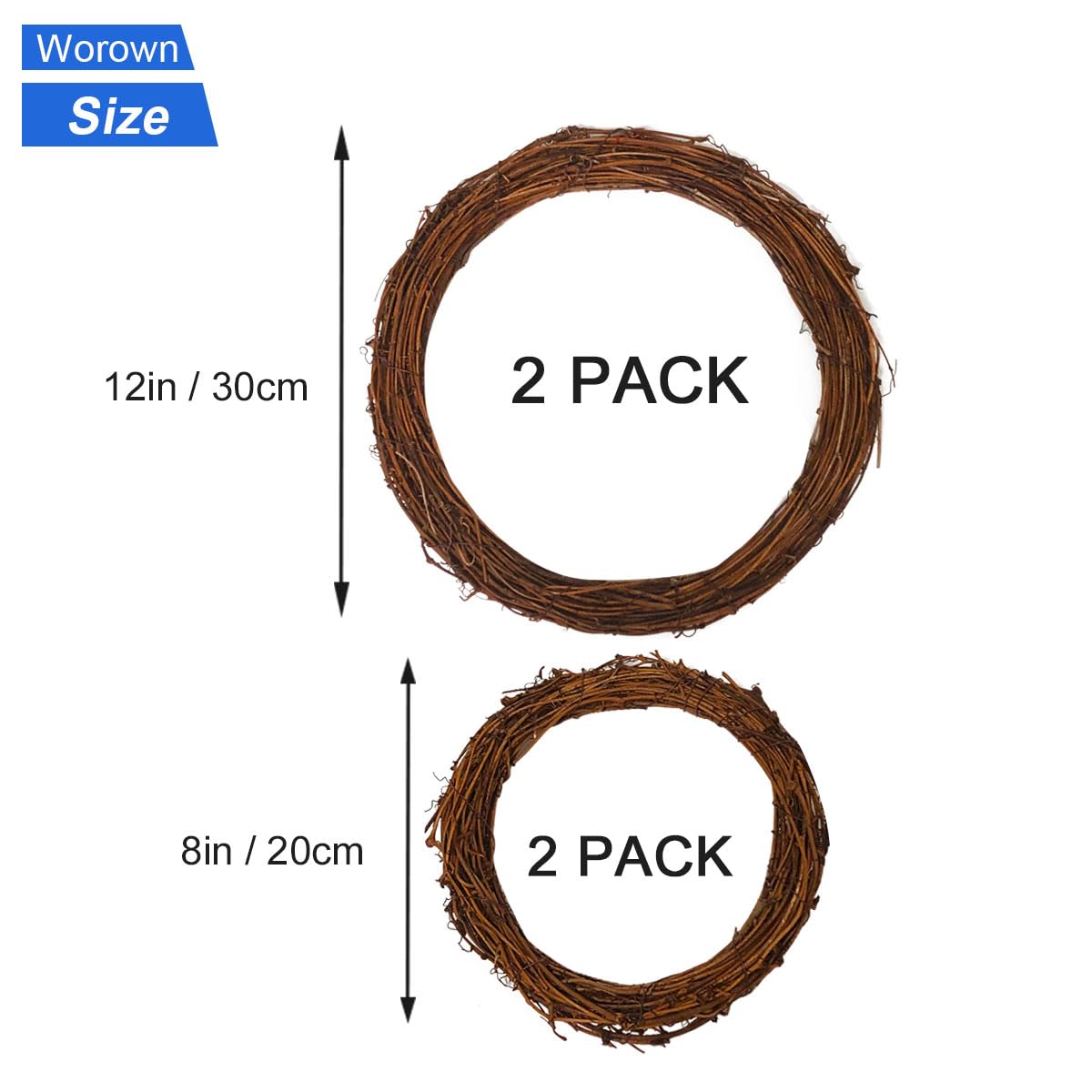 Worown 4 Pcs (8 & 12 Inch) Natural Grapevine Wreaths, Vine Branch Wreath, Rattan Wreath for DIY Christmas Craft, Front Door Wall Hanging, Wedding and Party Decors