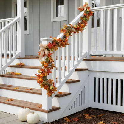 HipTree 6FT Fall Garland with Maple Leaves Pumpkins Burlap Bows Berries, Autumn Harvest Garland for Mantle Fireplace Table Centerpiece, Thanksgiving Home Indoor Outdoor Decor,Fall Decorations for Home
