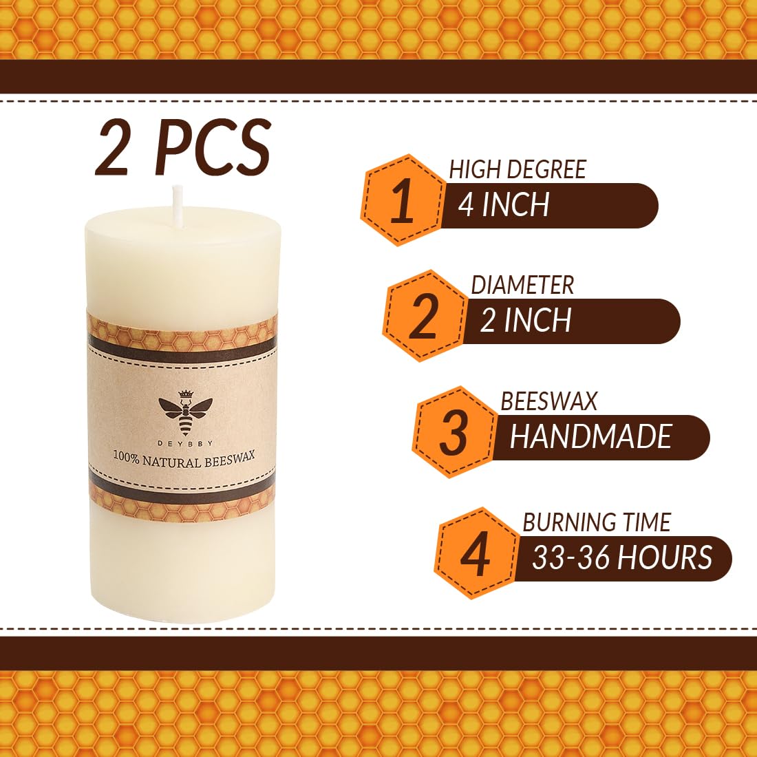 DEYBBY 2x4 inch Natural White Beeswax Pillar Candle Set of 2, Smokeless Dripless Pure Organic Beeswax Candles with Natural Scent for Wedding Home Decor Blackout Housewarming Event Gift (Cream