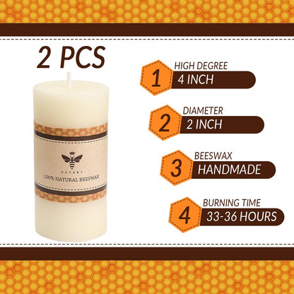 DEYBBY 2x4 inch Natural White Beeswax Pillar Candle Set of 2, Smokeless Dripless Pure Organic Beeswax Candles with Natural Scent for Wedding Home Decor Blackout Housewarming Event Gift (Cream