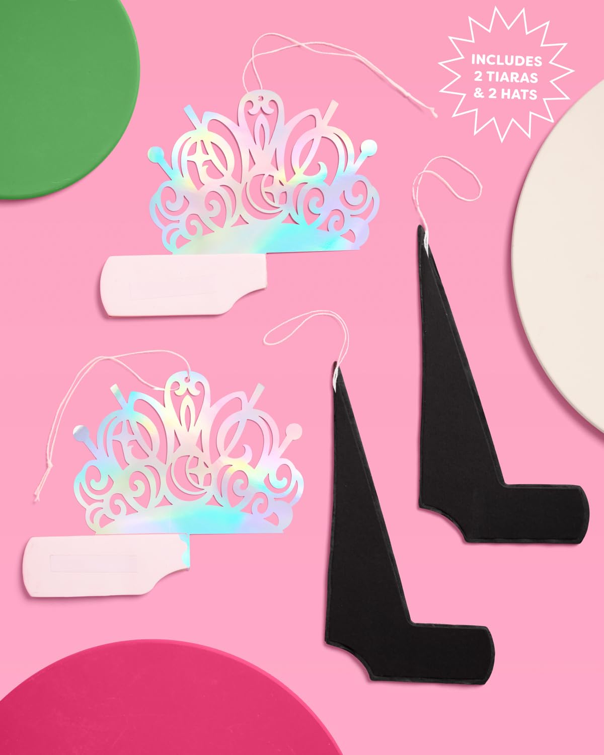 xo, Fetti Witch Party Hanging Decor - Set of 4 | Pink Tiara + Black Hat | Iridescent Centerpieces, Magical Birthday Decorations, 3D Tabletop Setting