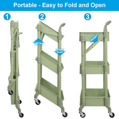 Foldable 3 Tier Rolling Cart, Metal Utility Cart, Folding Mobile Multi-Function Storage Trolley Organizer Cart for Home Library Office(Green)