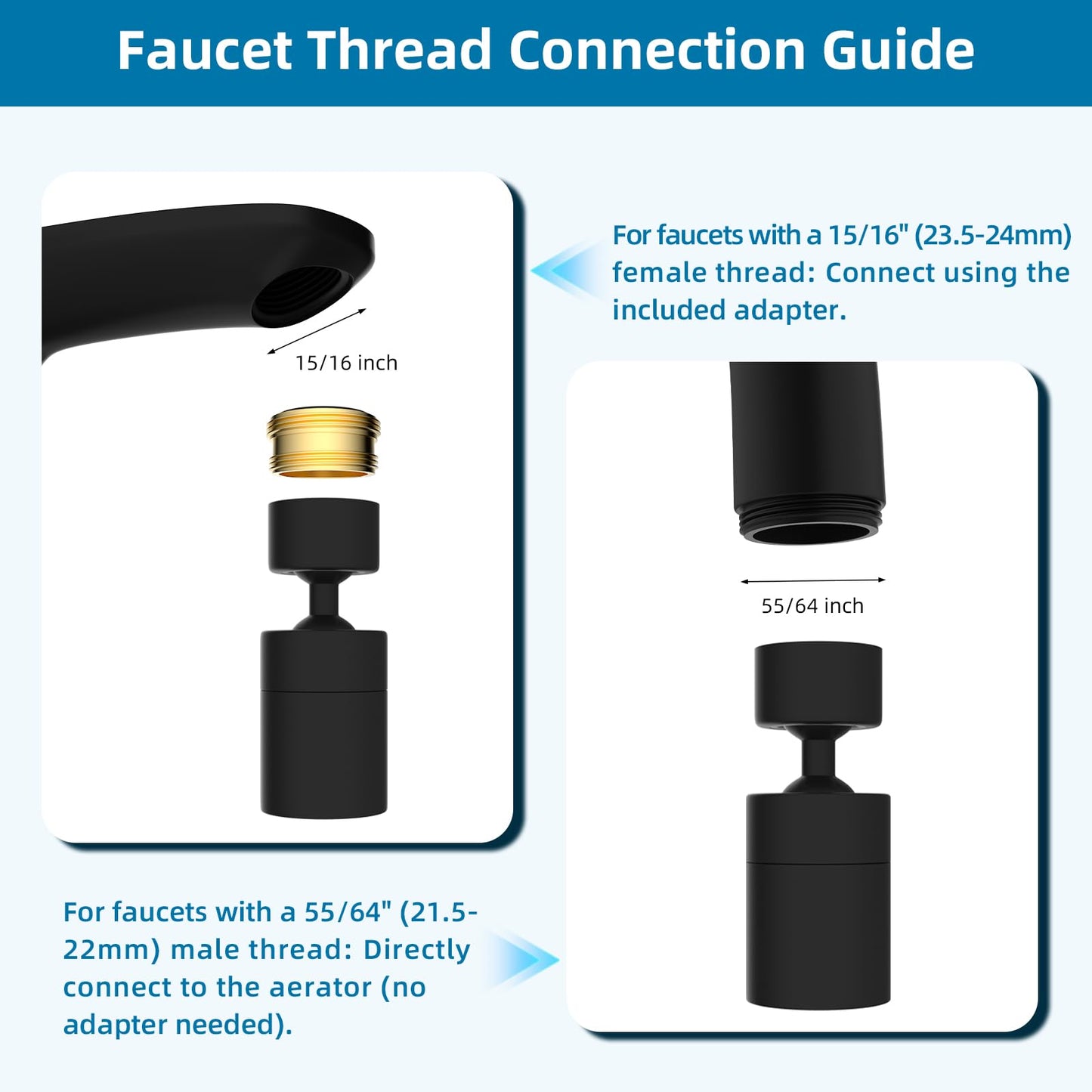 Hibbent NSF/ANSI/CAN 61 Certified Faucet Aerator, Kitchen Sink Faucet Aerator, 2-Flow CUPC Certification 360-degree Swivel Faucet Extender, 55/64 Inch Female Thread, Water Saving-Matte Black