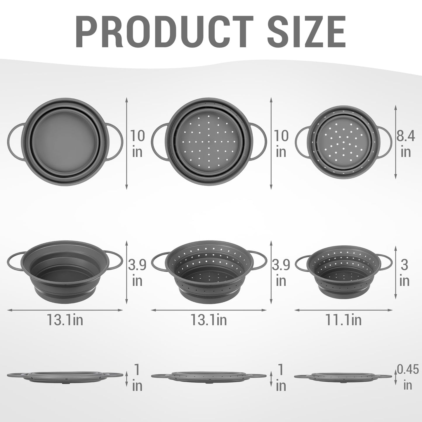Afarnook 3 Pack Collapsible Colander with Strainer Bowl Set, 11 & 13 In BPA-Free Silicone Colanders for Kitchen, Heat-Resistant Space-Saving Strainer Dishwasher Safe Baskets for Vegetable Fruits(Grey)