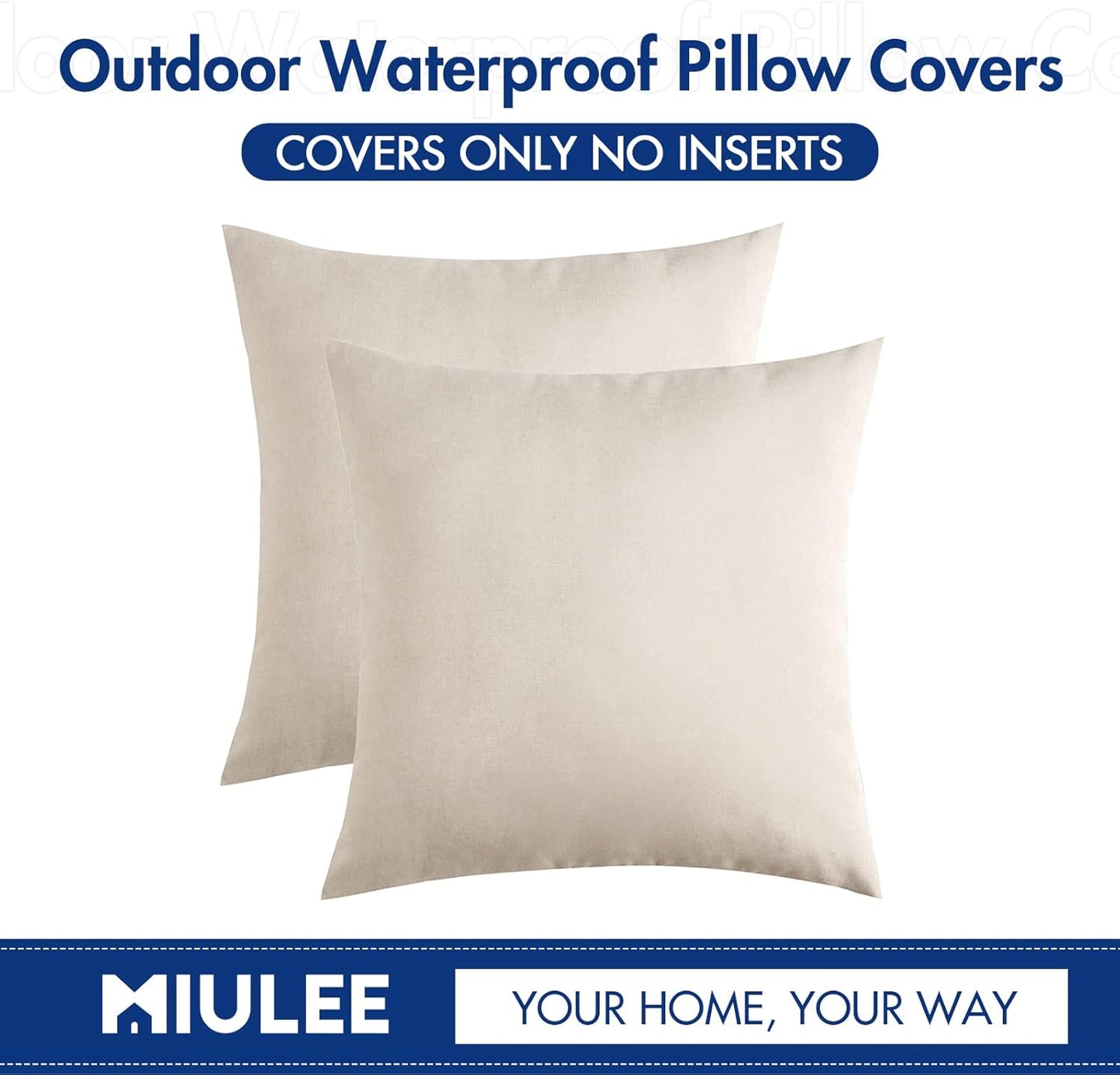 MIULEE Decorative Outdoor Throw Pillow Covers - Waterproof Faux Linen Cushion Cases | 20x20 Inch Beige (Pack of 2)
