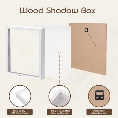 QDSSDECO 11x14 Shadow Box Frame with Linen Backboard & Real Glass, Wood Display Case, Deep Showcase to Hang The Photos, Tickets, Wedding Bouquets, Medals, Baby Sports Memorabilia,White
