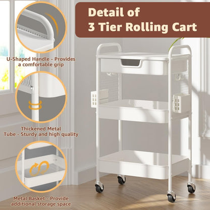 HIDODO 3 Tier Rolling Cart with Drawer, Metal Rolling Utility Cart on Wheels with Pegboard, Art Cart Storage Organizer with Tabletop for Living Room, Office, Bedroom (White)