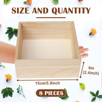 8 Pack Unfinished Wooden Box, 6 x 6 Inch Square Rustic Small Wooden Box Craft Organizer Container for Storage, Home Decor, Art Collectibles, Desktop Decor, Succulent Plant Pot, Drawer, DIY Craft