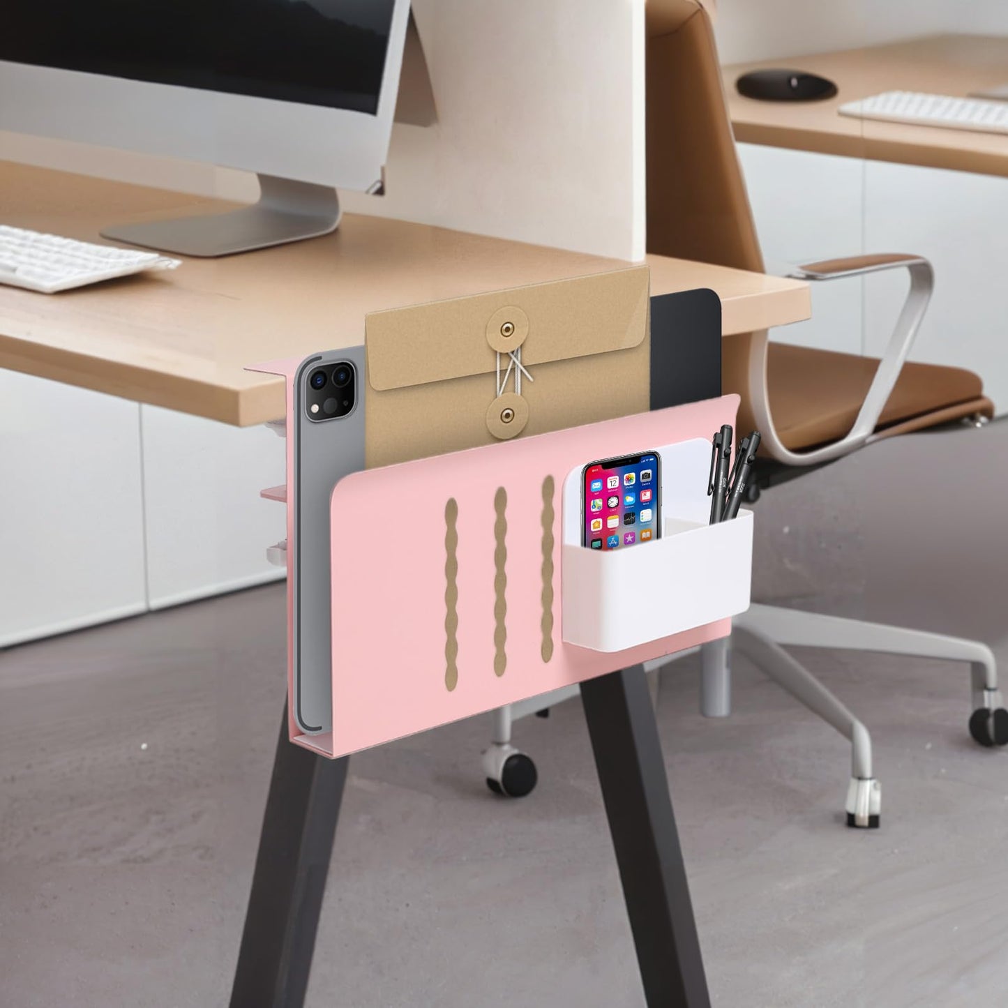 Desk Side Storage Under Desk Laptop Holder, No Drill Hanging Desk Organizer with Pen Holder, Clamp-On Table Side Tray Desktop Organization Mount for Office and Home (White)