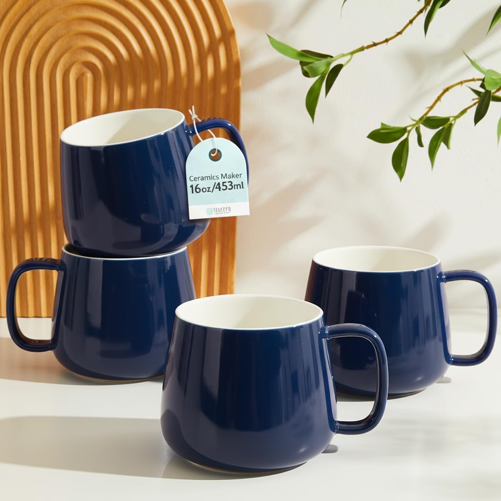 16oz Set 4 Teocera Ceramic Coffee Mugs of Stackable Latte Cups, Microwave, Dishwasher & Oven Safe Ideal for Coffee