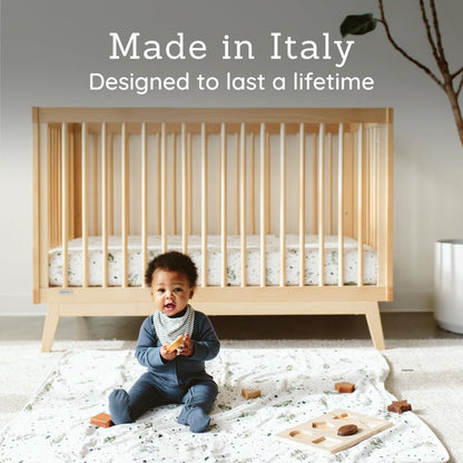 dadada Baby Soho 3-in-1 Convertible Wooden Crib to Toddler Bed - Made in Italy, GREENGUARD Gold Certified, Baby-Safe Finish, Handcrafted Beechwood, Modern Design, 3 Adjustable Heights (Natural)