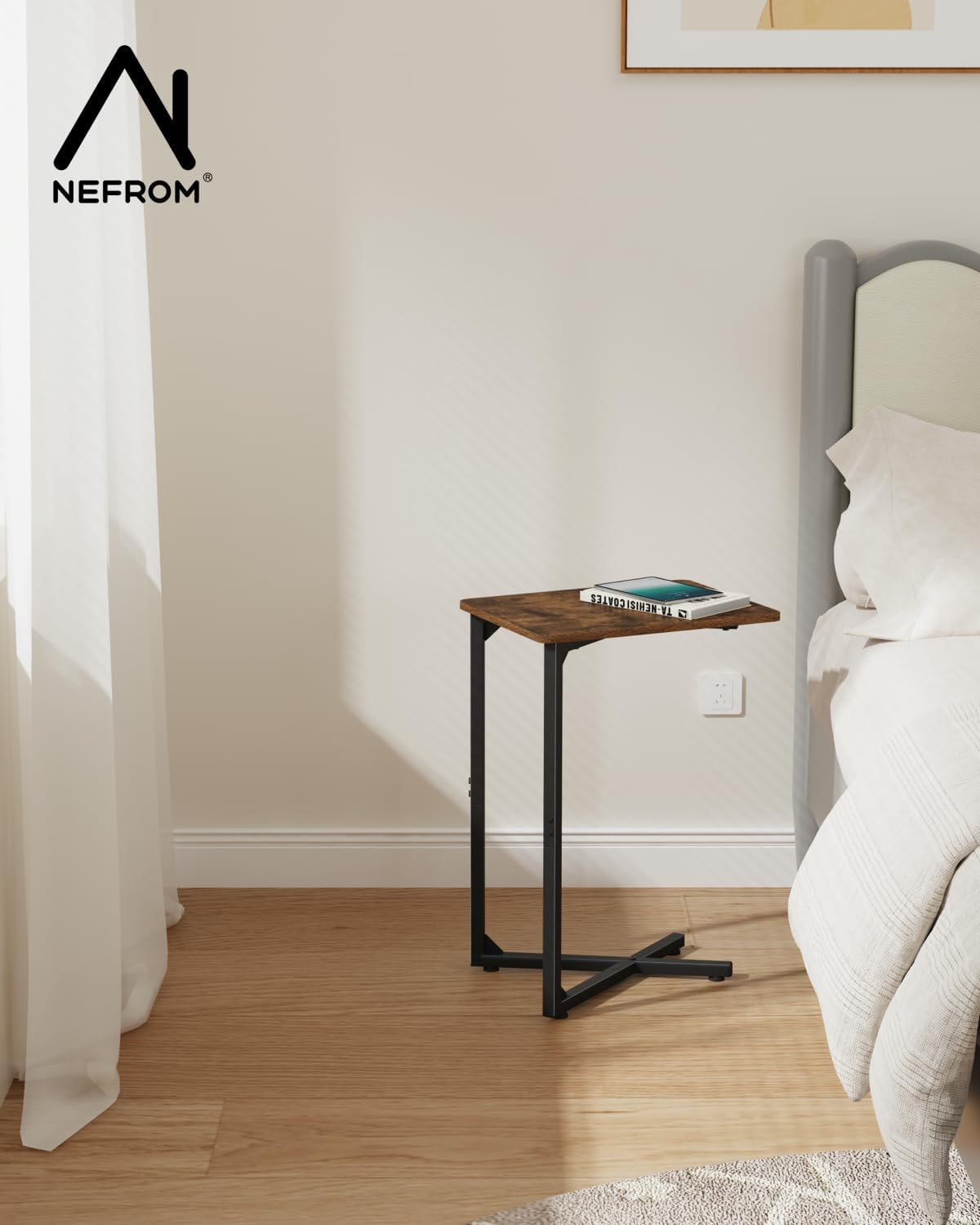 NEFROM ET-X-BR1 C-Shaped End Table, Small Couch Side Table, Sofa TV Tray Table for Living Room, Bedroom, Bedside