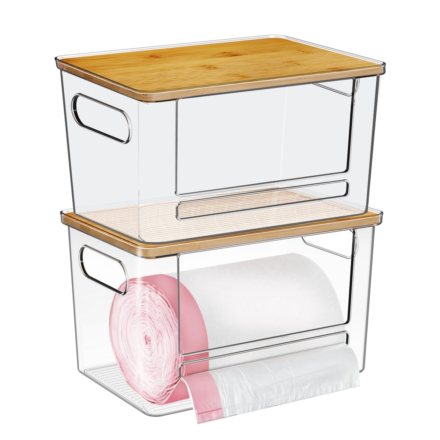 Trash Bag Dispenser 2 Pack, Acrylic Garbage Bags Dispenser with Bamboo Top, Extra Large Trash Bag Holder Dispensers Under Sink for Kitchen, Cabinet, Laundry Room, Pantry Organizer and Storage