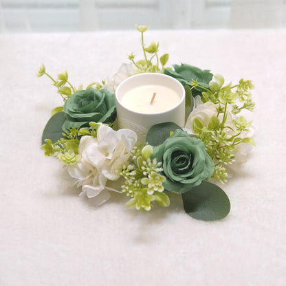 4 Pcs Candle Rings Wreaths,Artificial Hydrangea Wreath Candles Wreaths for Pillars Christmas Wedding Home Table Party Decoration (Green)